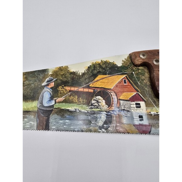 Antique Hand Painted Saw Blade Folk Art Lake River Fishing Scene by a Mill - Picture 8 of 8